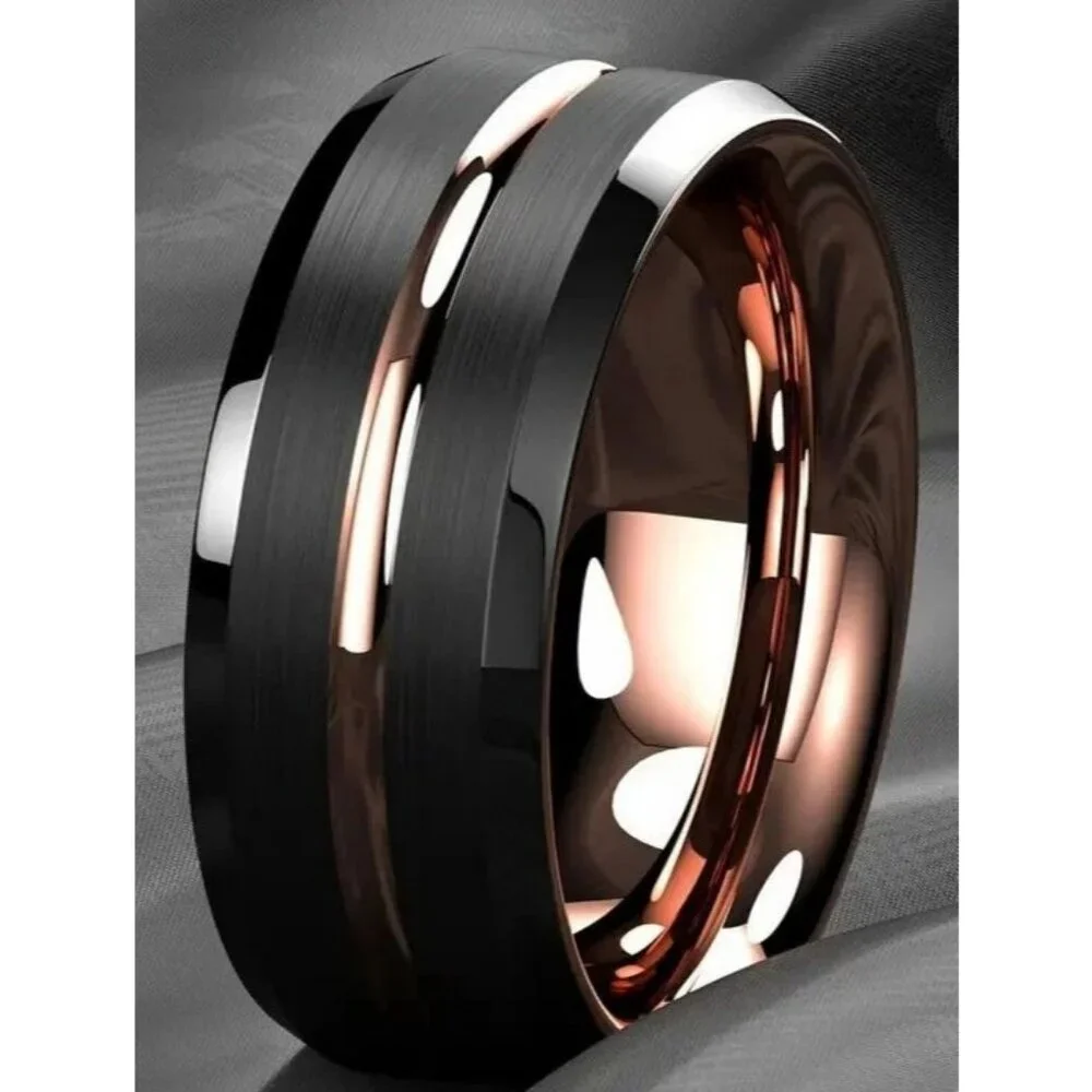 Tungsten Steel Matte Black Polished Double Bevel Rose Gold channel wedding ring